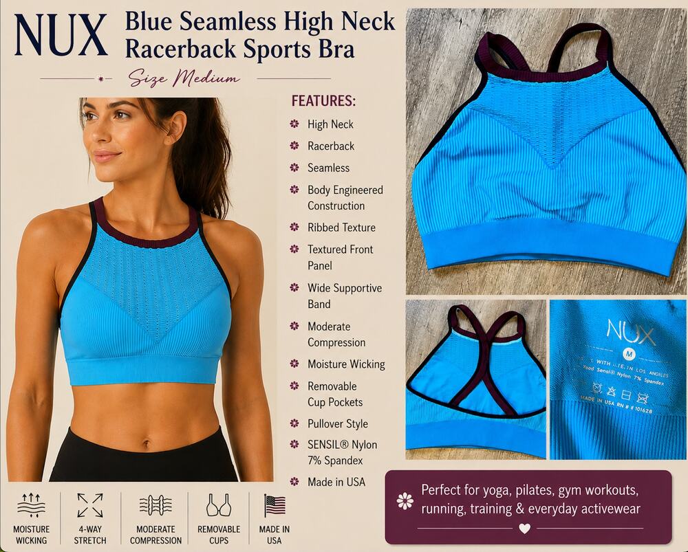 NUX Blue Seamless High Neck Racerback Sports Bra Size M NWOT